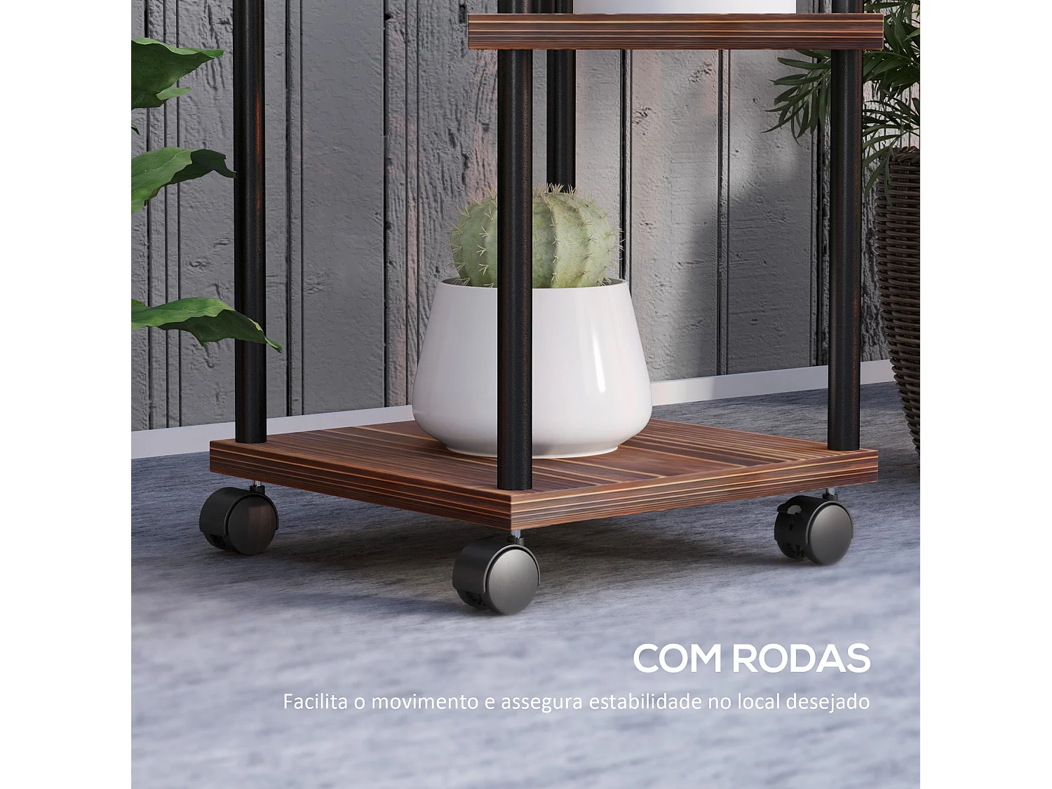 Suporte para Plantas de 5 Níveis - Estrutura em Aço e Madeira para Interior e Exterior com Rodas