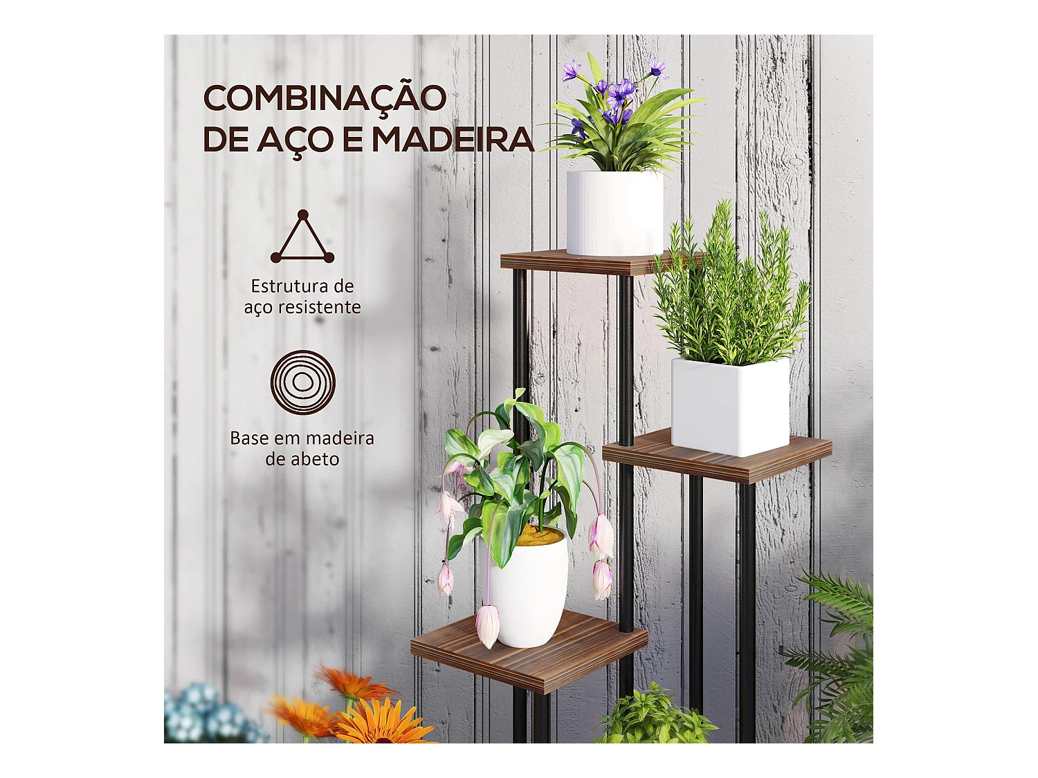 Suporte para Plantas de 5 Níveis - Estrutura em Aço e Madeira para Interior e Exterior com Rodas
