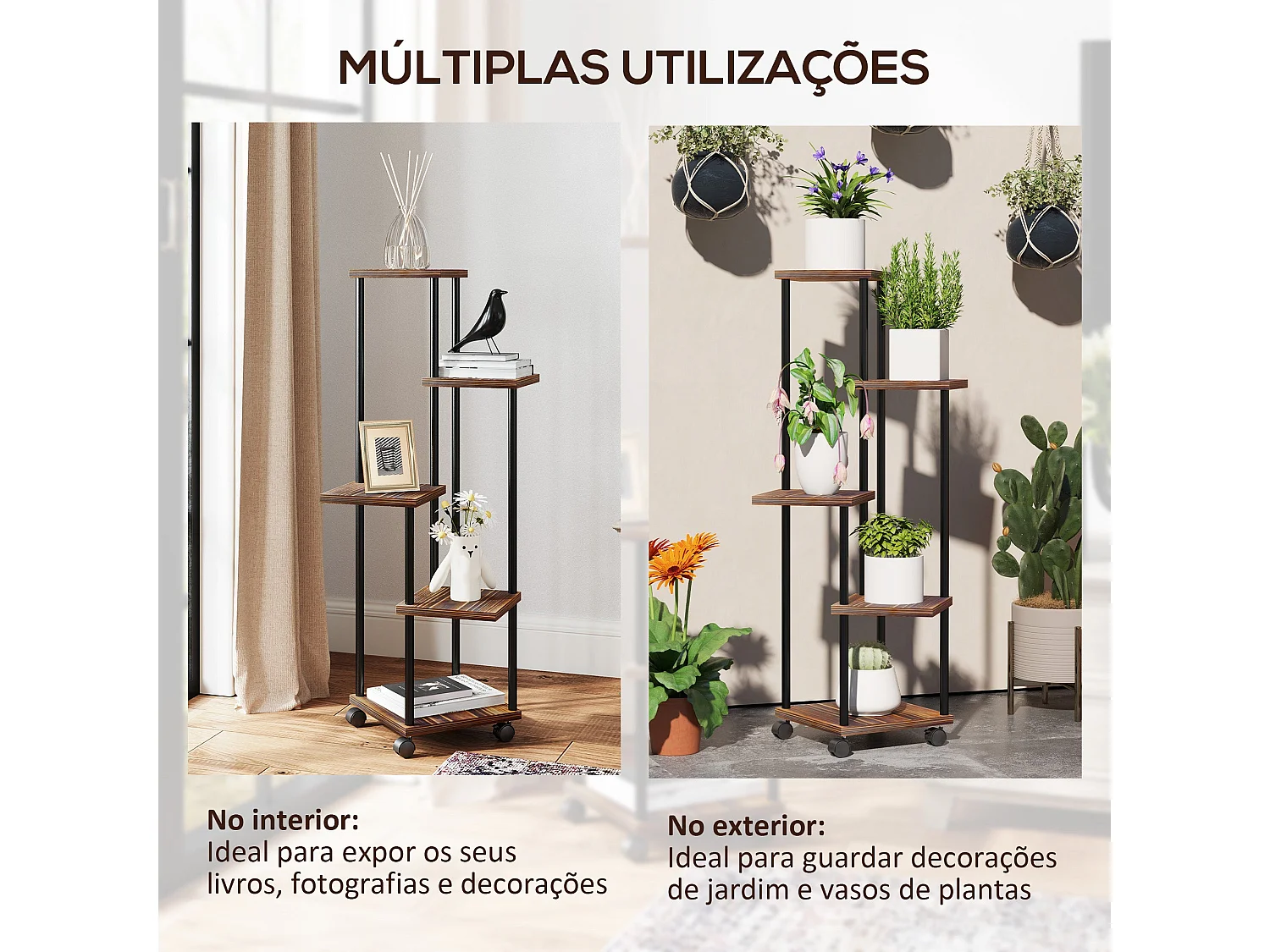 Suporte para Plantas de 5 Níveis - Estrutura em Aço e Madeira para Interior e Exterior com Rodas