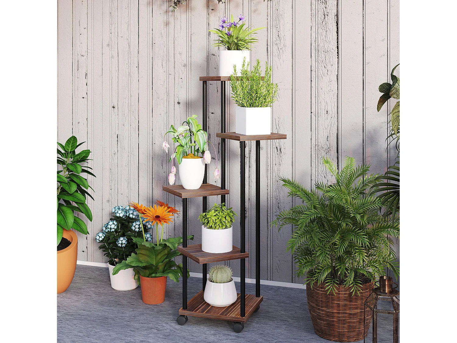 Suporte para Plantas de 5 Níveis - Estrutura em Aço e Madeira para Interior e Exterior com Rodas