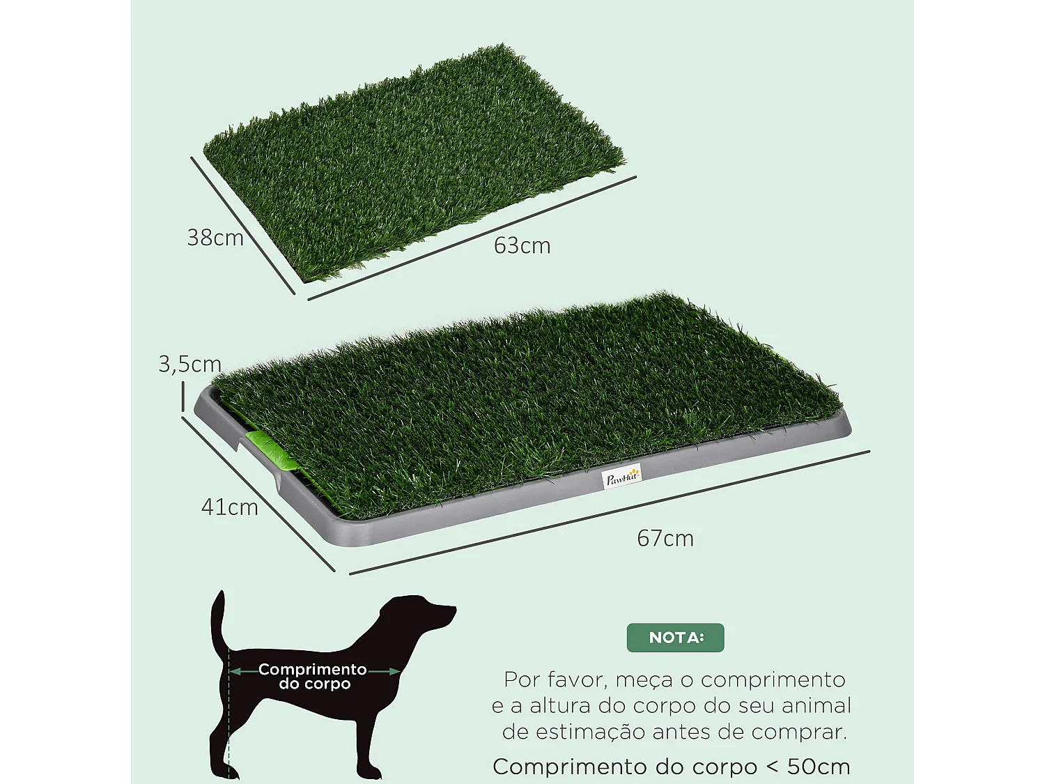Resguardo de Treino para Cães PawHut com Relva Artificial e Bandeja, Ideal para Filhotes e Cães de Até 50 cm - Verde 67x41x3,5 cm