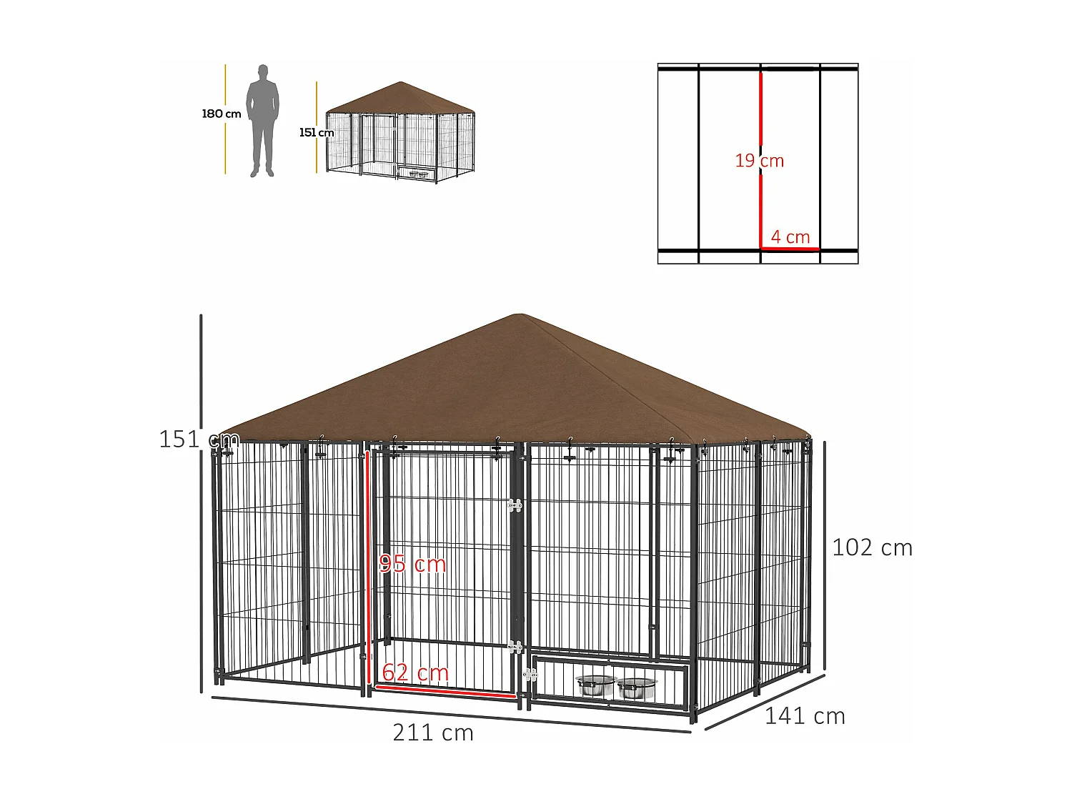 Parque para Cães PawHut com Toldo e Comedouro Giratório - Segurança e Conforto para Seu Pet 211x141x151 cm Preto e Marrom