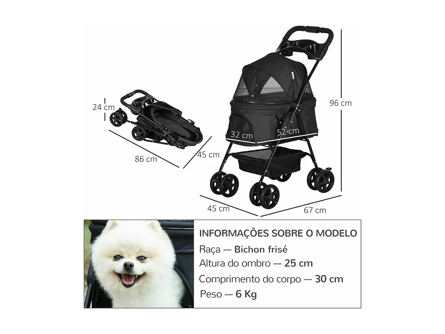 Carrinho Dobrável para Cães Pequenos PawHut com Rodas Giratórias e Cesta de Armazenamento - Preto 67x45x96 cm