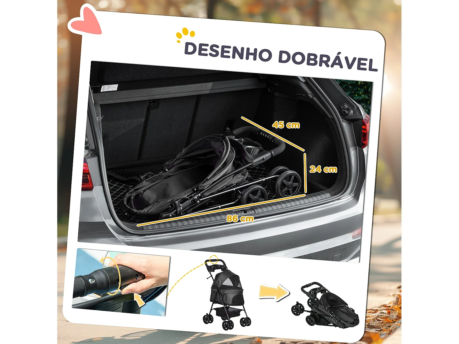 Carrinho Dobrável para Cães Pequenos PawHut com Rodas Giratórias e Cesta de Armazenamento - Preto 67x45x96 cm