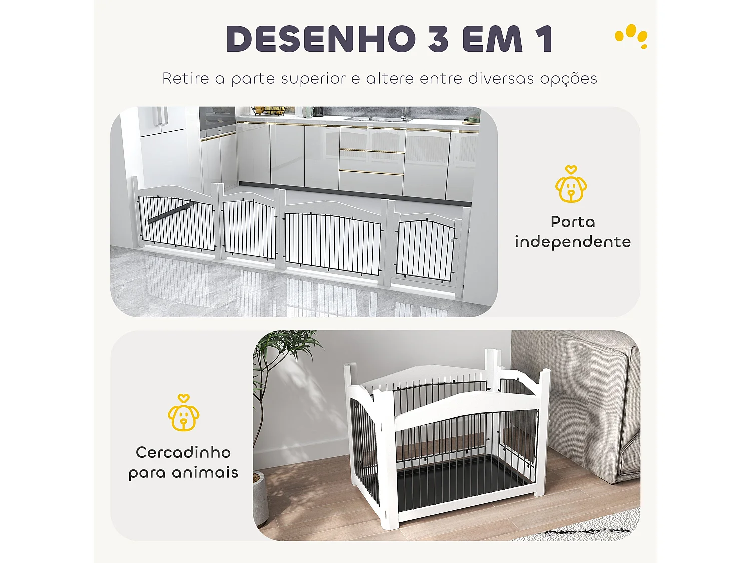 Gaiola para Cães Médios 3 em 1 PawHut: Mesa Auxiliar e Parque Desmontável em Branco