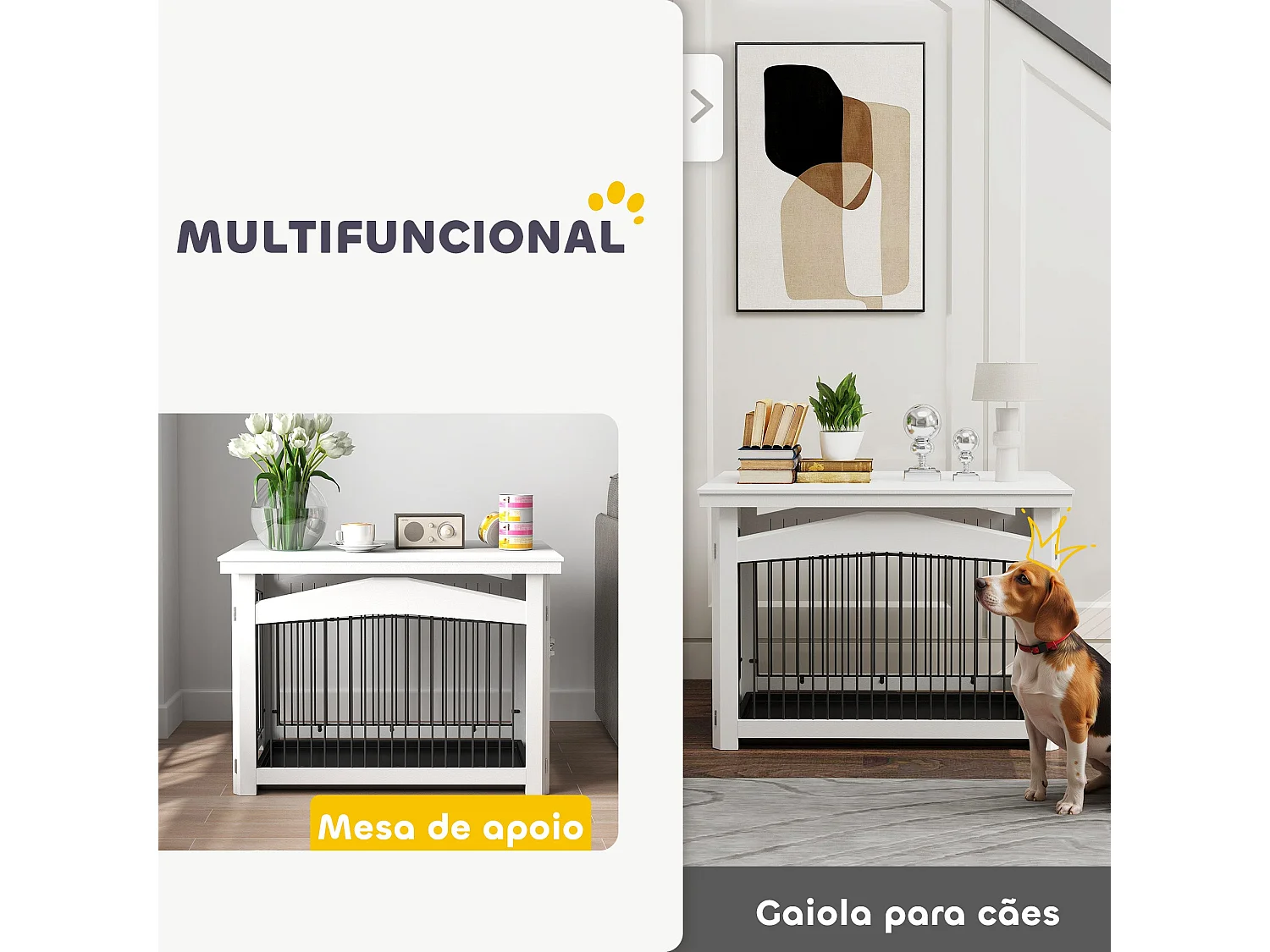 Gaiola para Cães Médios 3 em 1 PawHut: Mesa Auxiliar e Parque Desmontável em Branco
