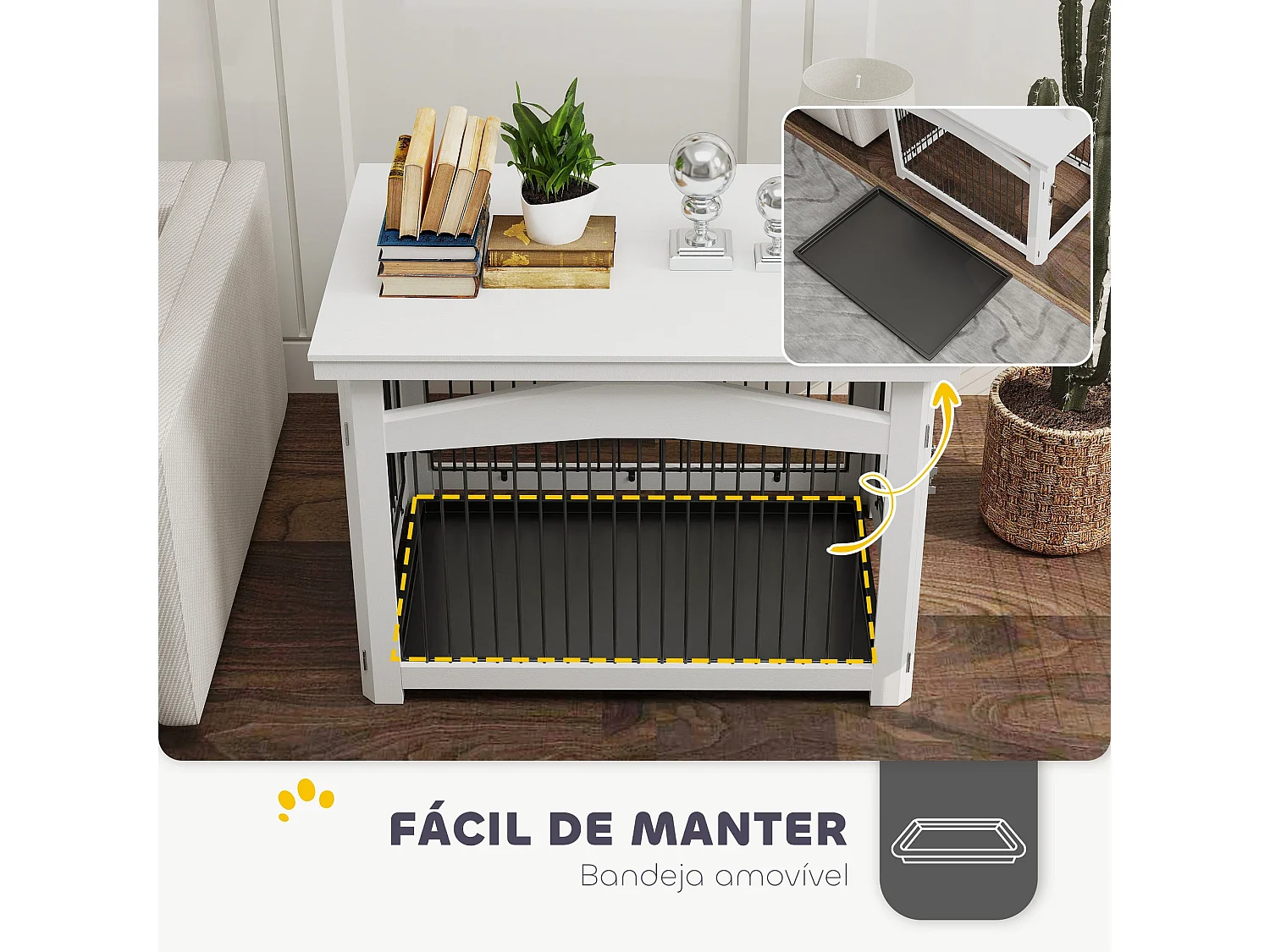 Gaiola para Cães Médios 3 em 1 PawHut: Mesa Auxiliar e Parque Desmontável em Branco