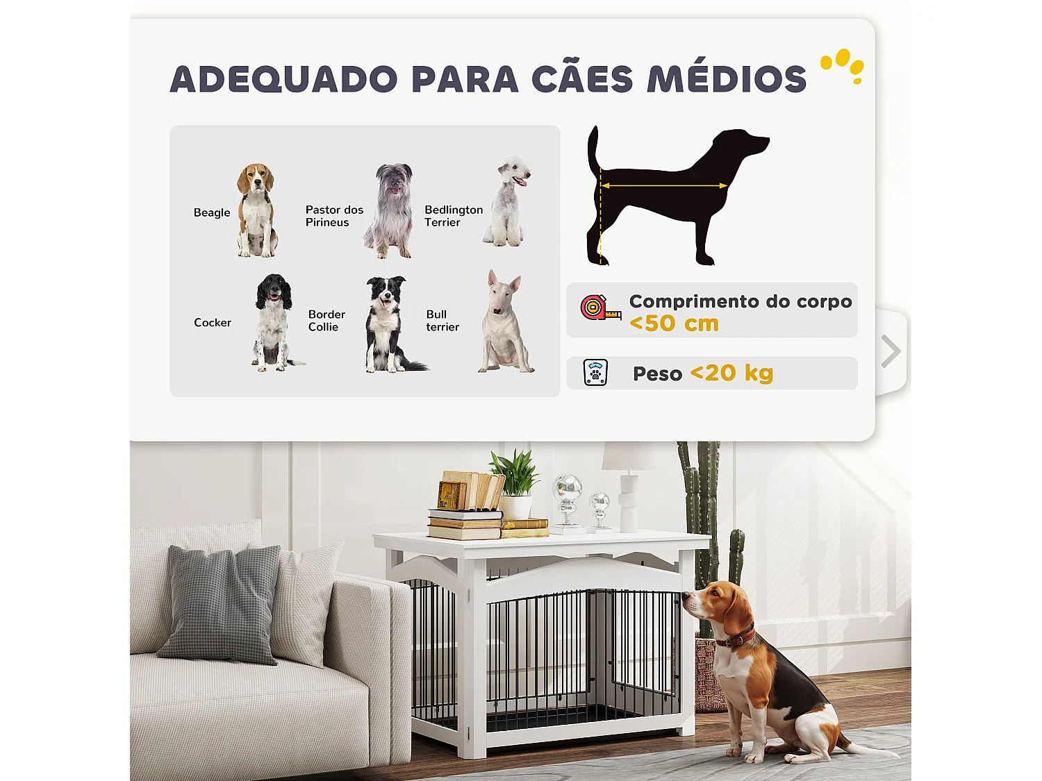 Gaiola para Cães Médios 3 em 1 PawHut: Mesa Auxiliar e Parque Desmontável em Branco