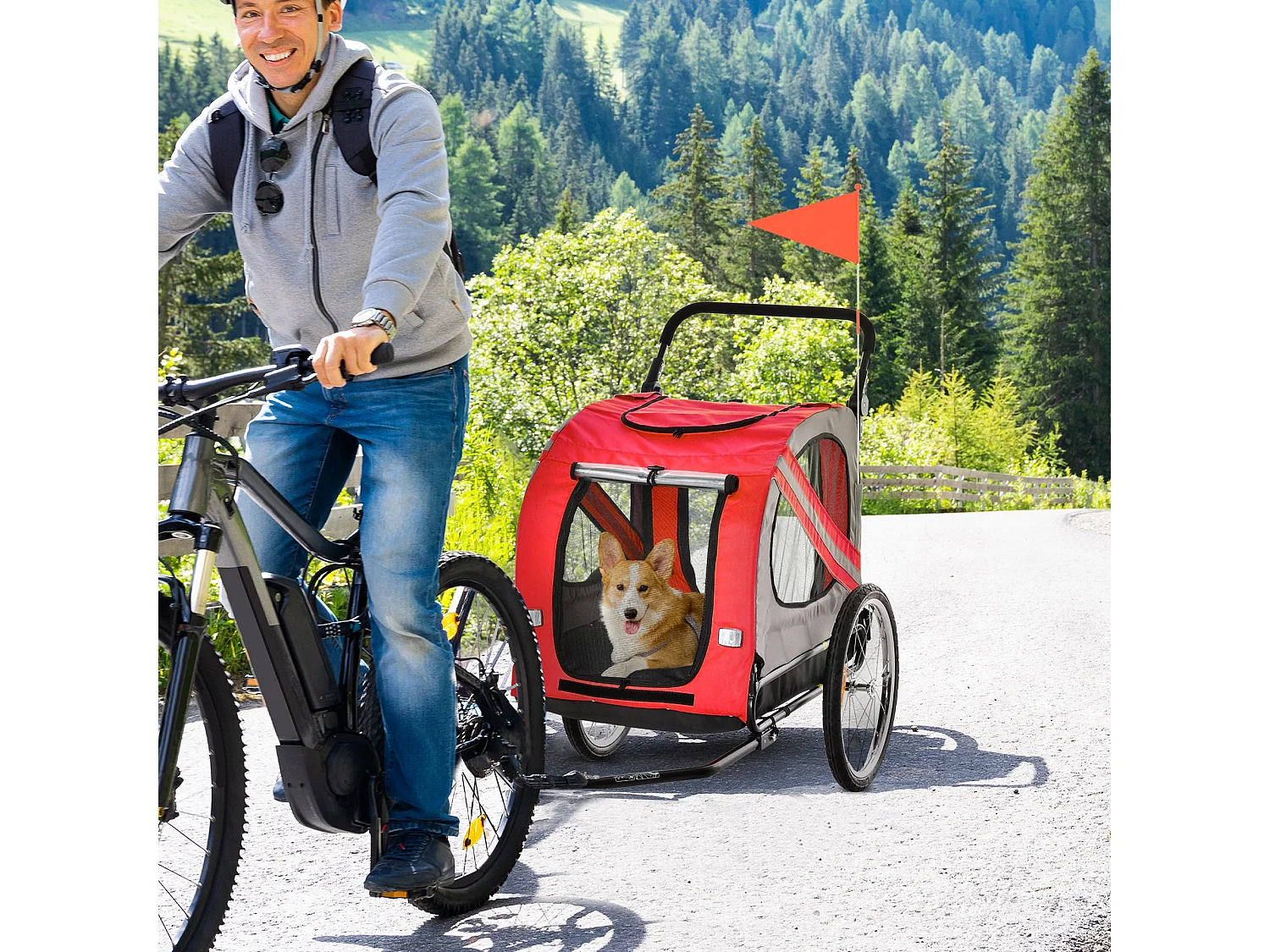 Reboque de Bicicleta PawHut para Cães 2 em 1 com Janelas e Refletores - Vermelho
