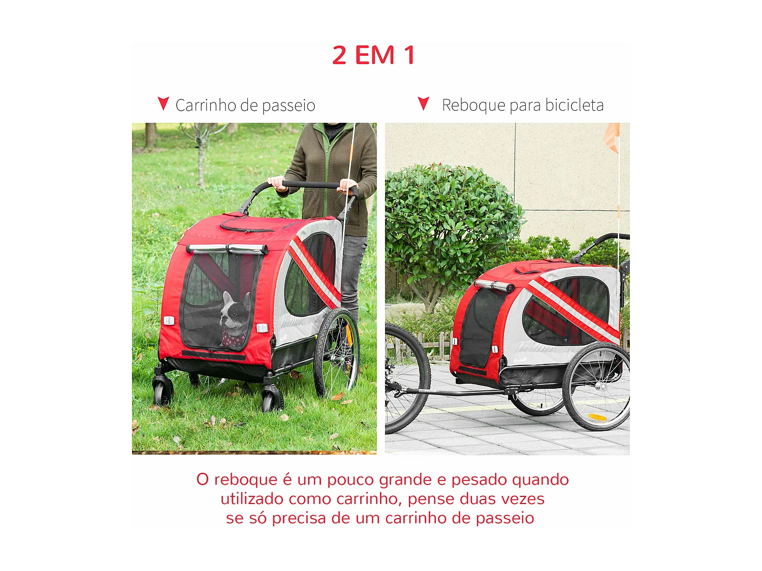 Reboque de Bicicleta PawHut para Cães 2 em 1 com Janelas e Refletores - Vermelho