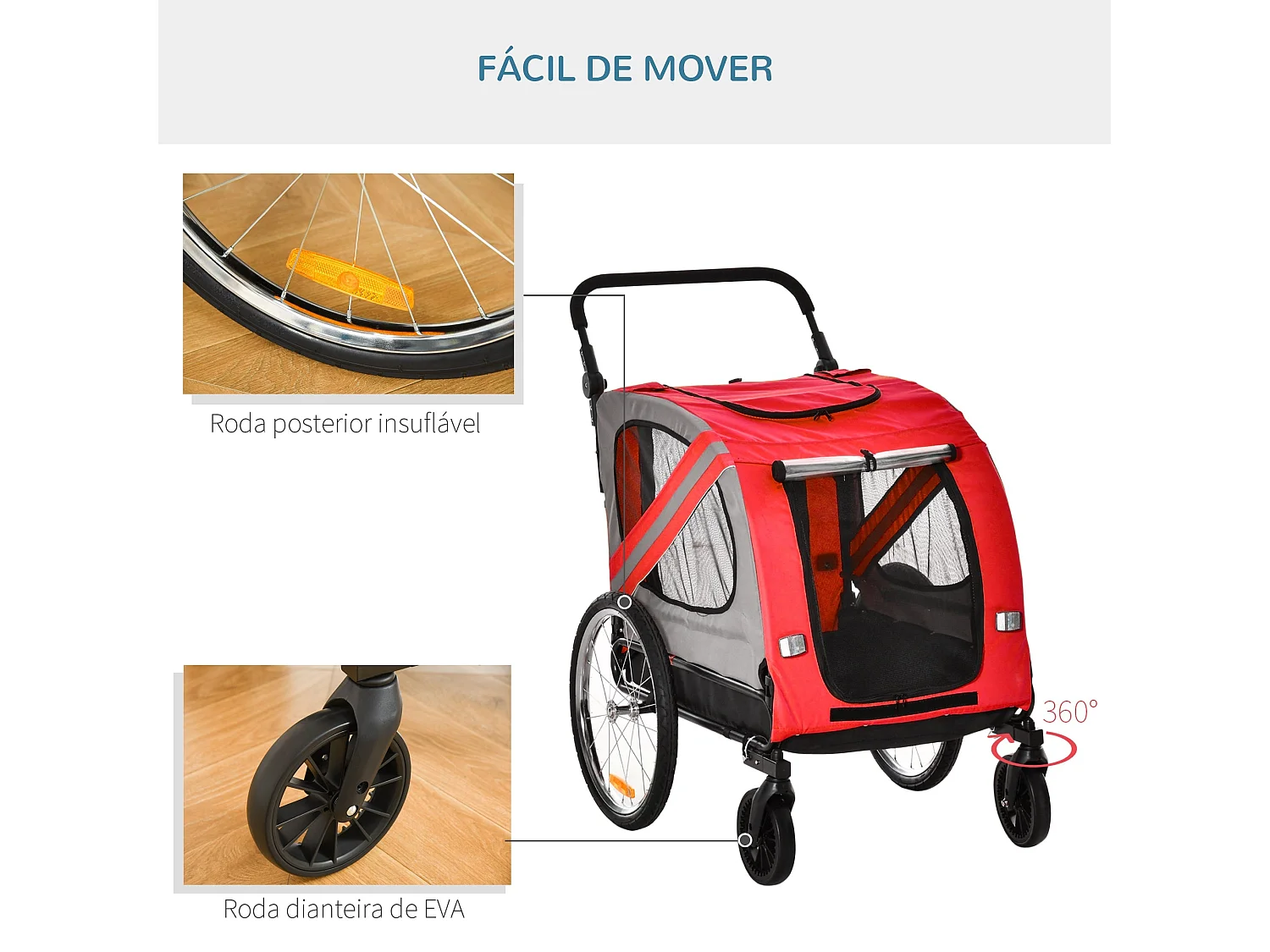 Reboque de Bicicleta PawHut para Cães 2 em 1 com Janelas e Refletores - Vermelho
