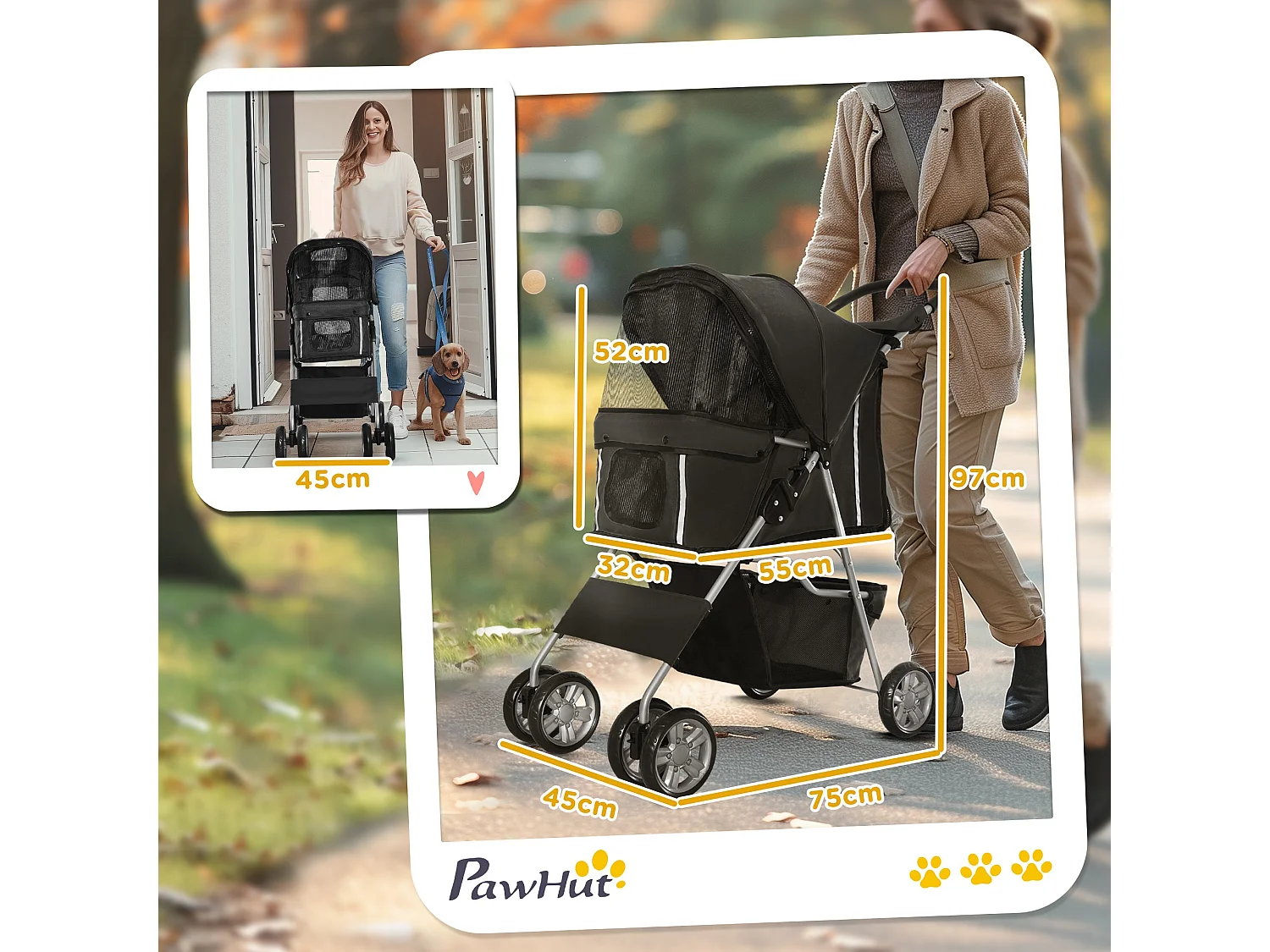 Carrinho de Passeio Dobrável para Animais de Estimação com Capô Ajustável e Armazenamento - PawHut Preto