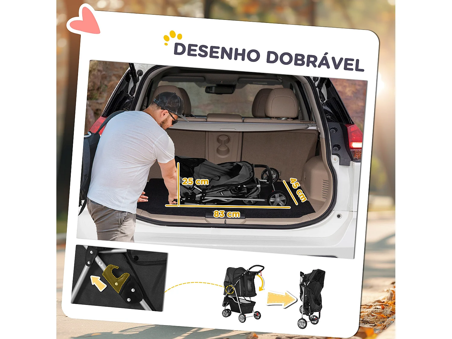 Carrinho de Passeio Dobrável para Animais de Estimação com Capô Ajustável e Armazenamento - PawHut Preto