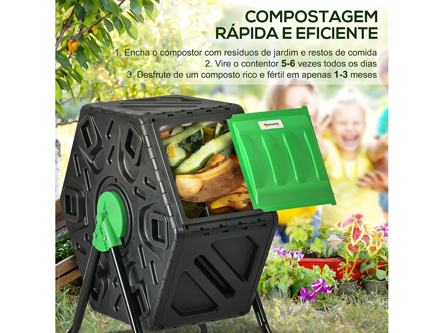 Compostor Giratório Outsunny de 65L para Jardim com Ventilação e Estrutura de Aço