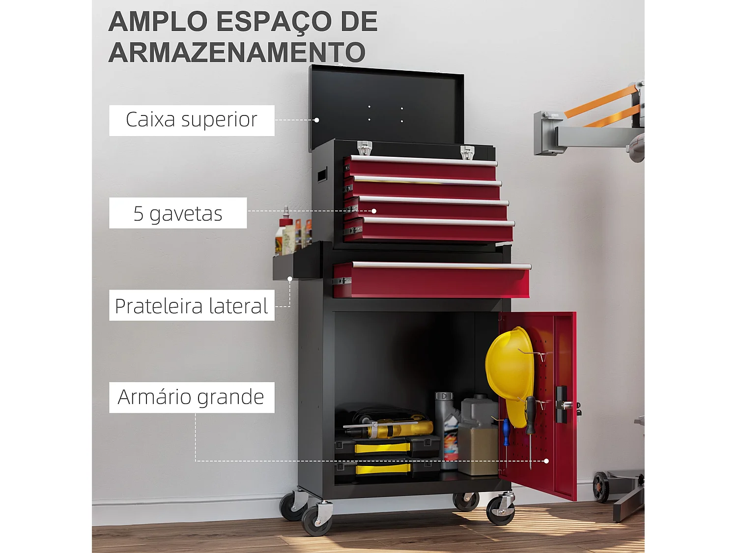 Carrinho de Ferramentas HOMCOM com Rodas e 5 Gavetas - Organizador de Oficina em Aço Preto e Vermelho
