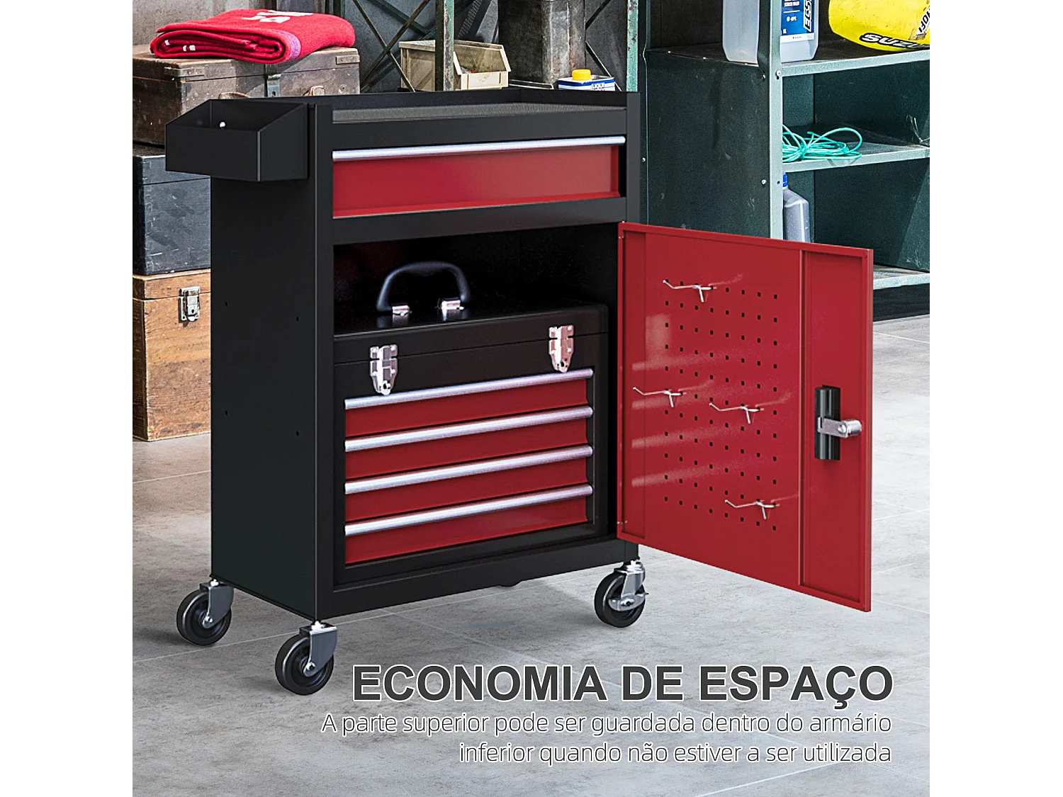 Carrinho de Ferramentas HOMCOM com Rodas e 5 Gavetas - Organizador de Oficina em Aço Preto e Vermelho