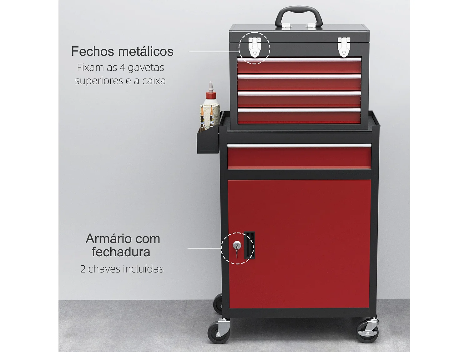 Carrinho de Ferramentas HOMCOM com Rodas e 5 Gavetas - Organizador de Oficina em Aço Preto e Vermelho