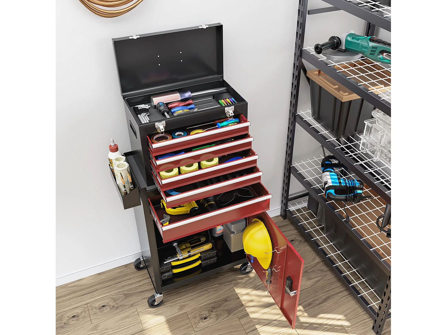 Carrinho de Ferramentas HOMCOM com Rodas e 5 Gavetas - Organizador de Oficina em Aço Preto e Vermelho