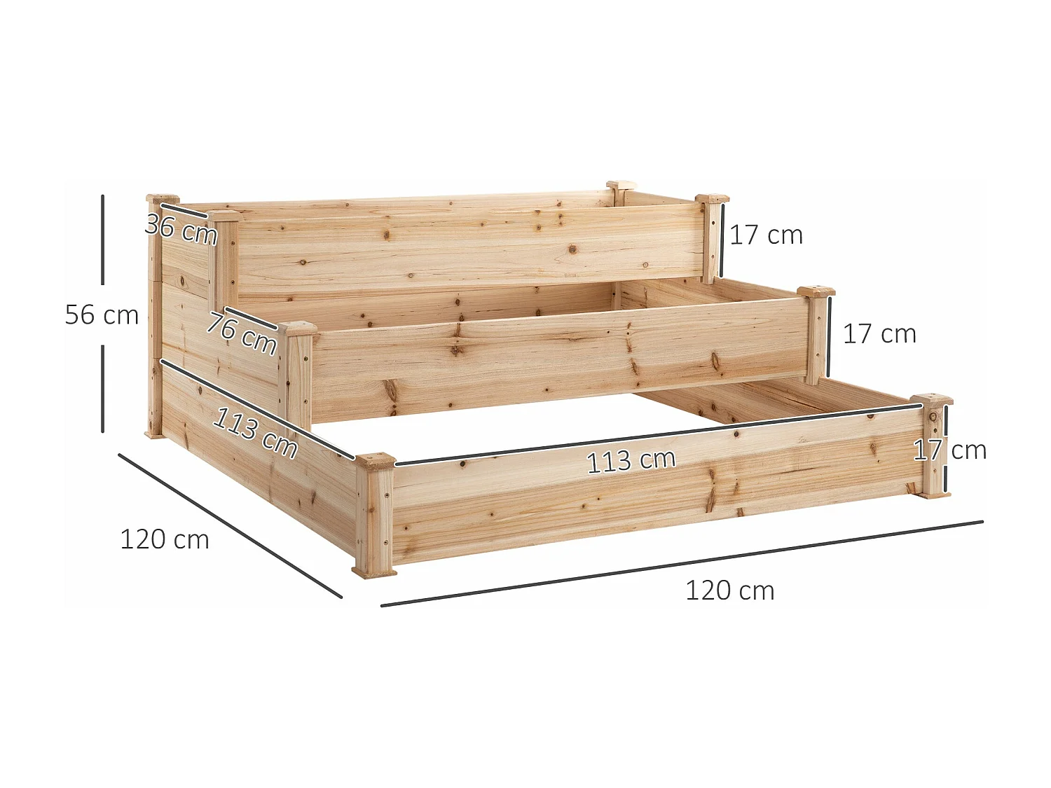 Caixa de Plantio de Madeira Outsunny com 3 Níveis para Jardim e Varanda - 120x120x56 cm