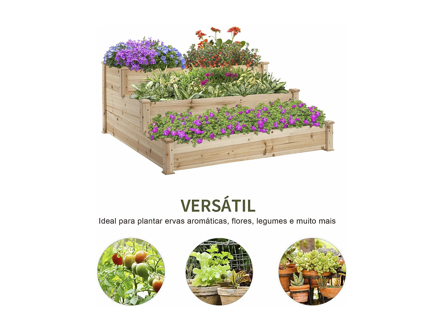 Caixa de Plantio de Madeira Outsunny com 3 Níveis para Jardim e Varanda - 120x120x56 cm