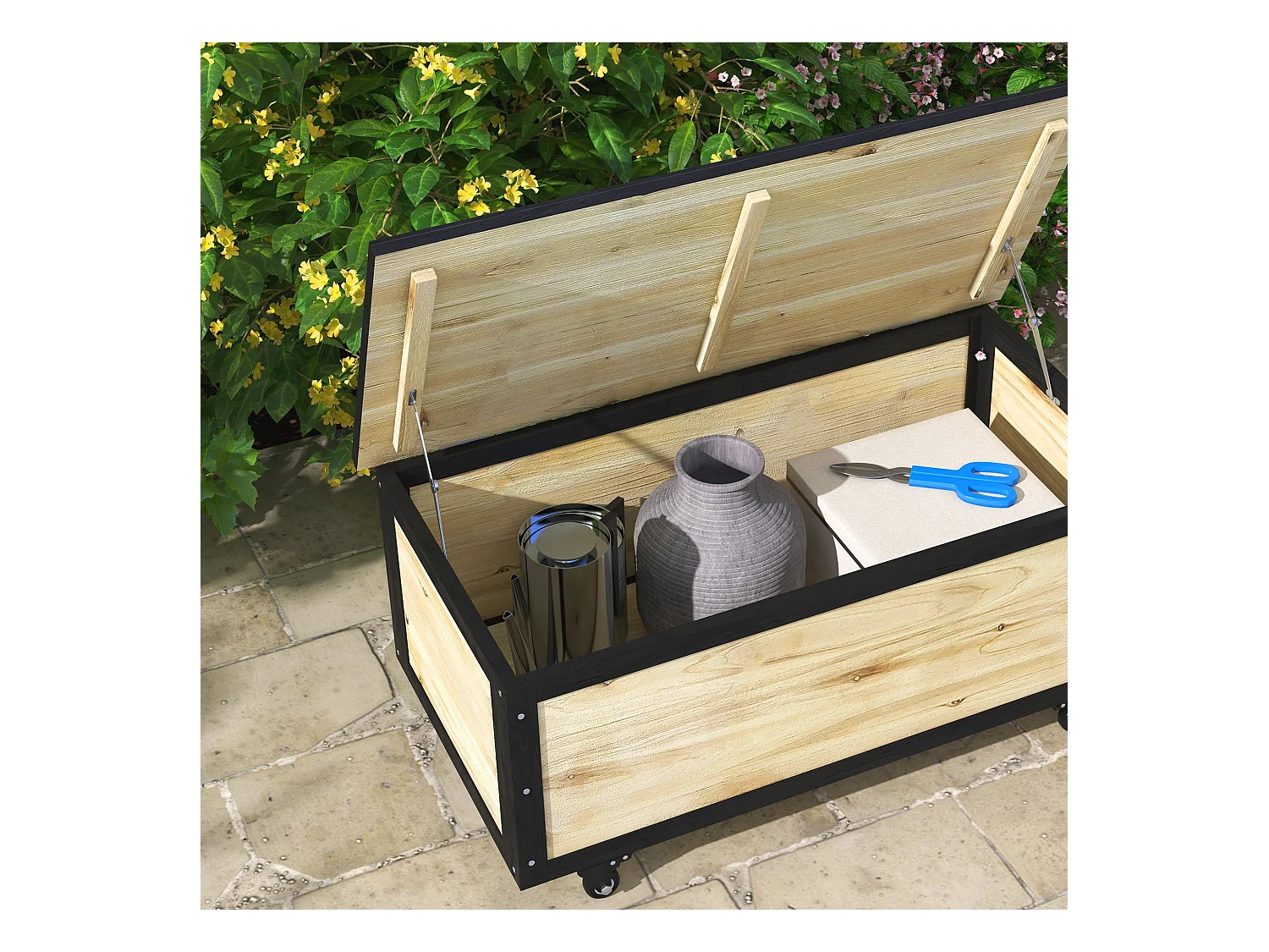 Baúl Perla Outsunny 4 ruedas natural/negro 43x100x50 cm