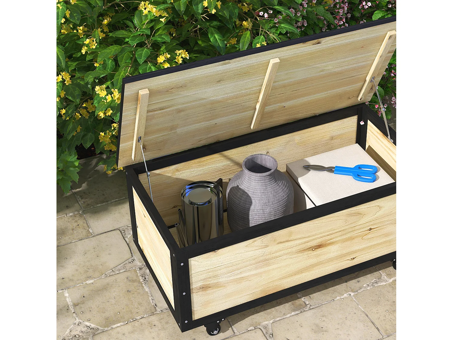 Baúl Perla Outsunny 4 ruedas natural/negro 43x100x50 cm