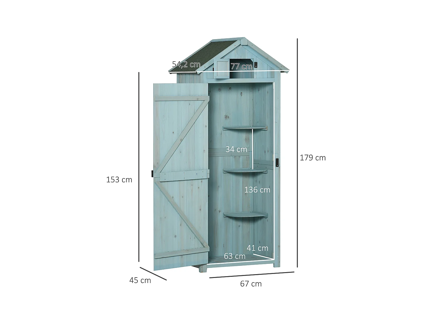 Cobertizo Marboré Outsunny 3 estantes + 2 puertas azul claro 179x77x54,2 cm