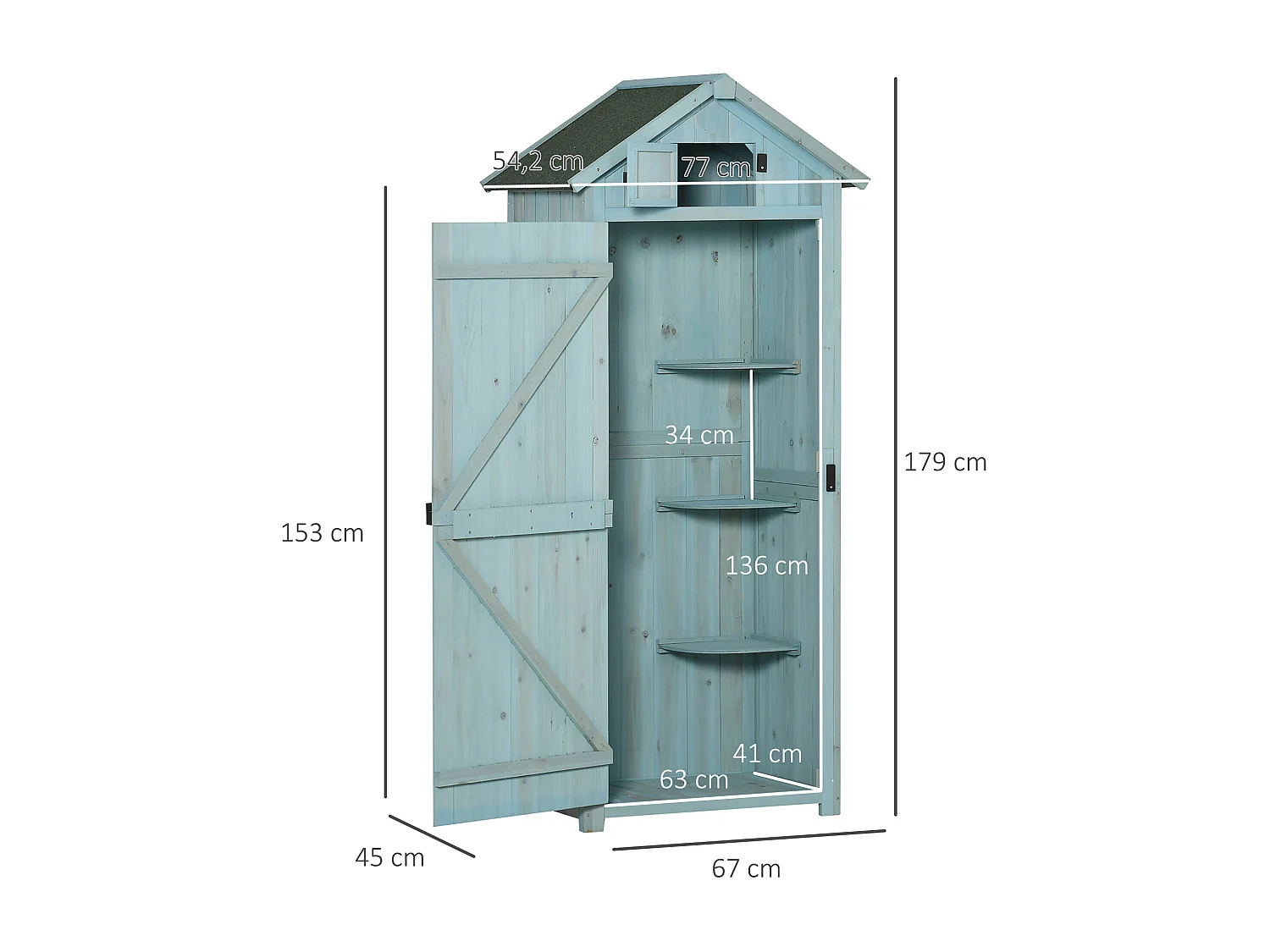 Cobertizo Marboré Outsunny 3 estantes + 2 puertas azul claro 179x77x54,2 cm