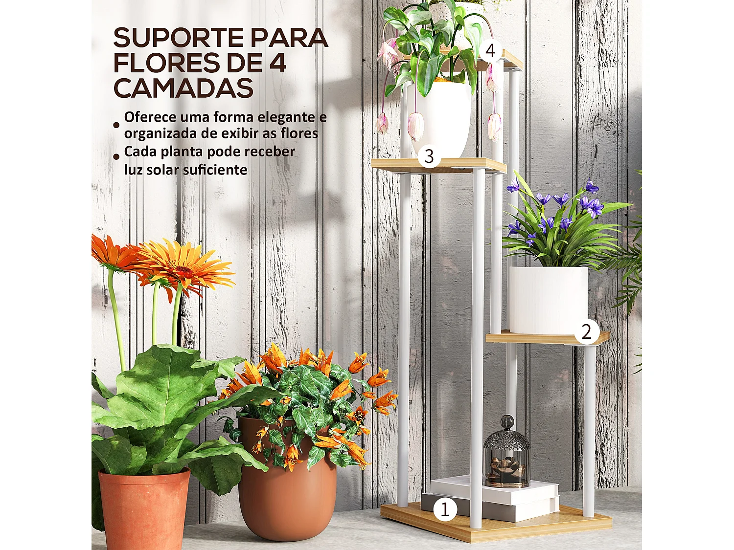 Suporte de Plantas de 4 Níveis em Madeira e Aço - Decoração Elegante para Interior e Exterior 53x42x85 cm