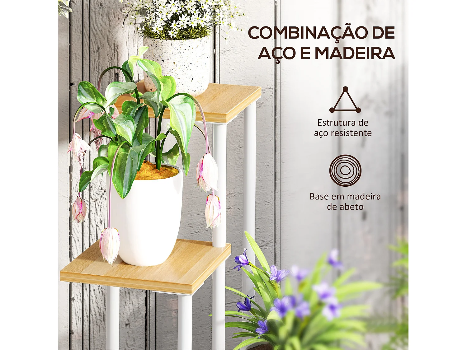 Suporte de Plantas de 4 Níveis em Madeira e Aço - Decoração Elegante para Interior e Exterior 53x42x85 cm