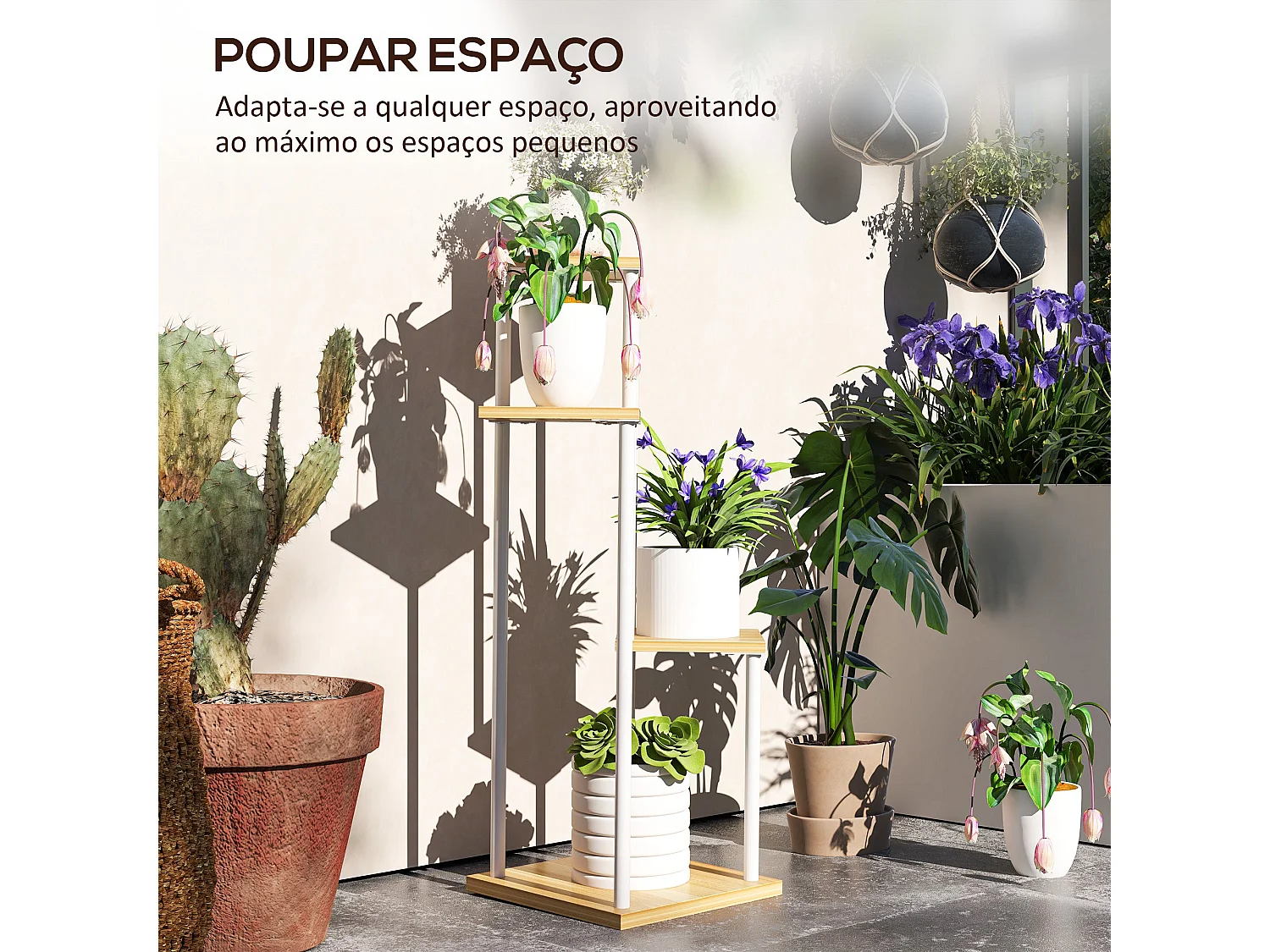 Suporte de Plantas de 4 Níveis em Madeira e Aço - Decoração Elegante para Interior e Exterior 53x42x85 cm