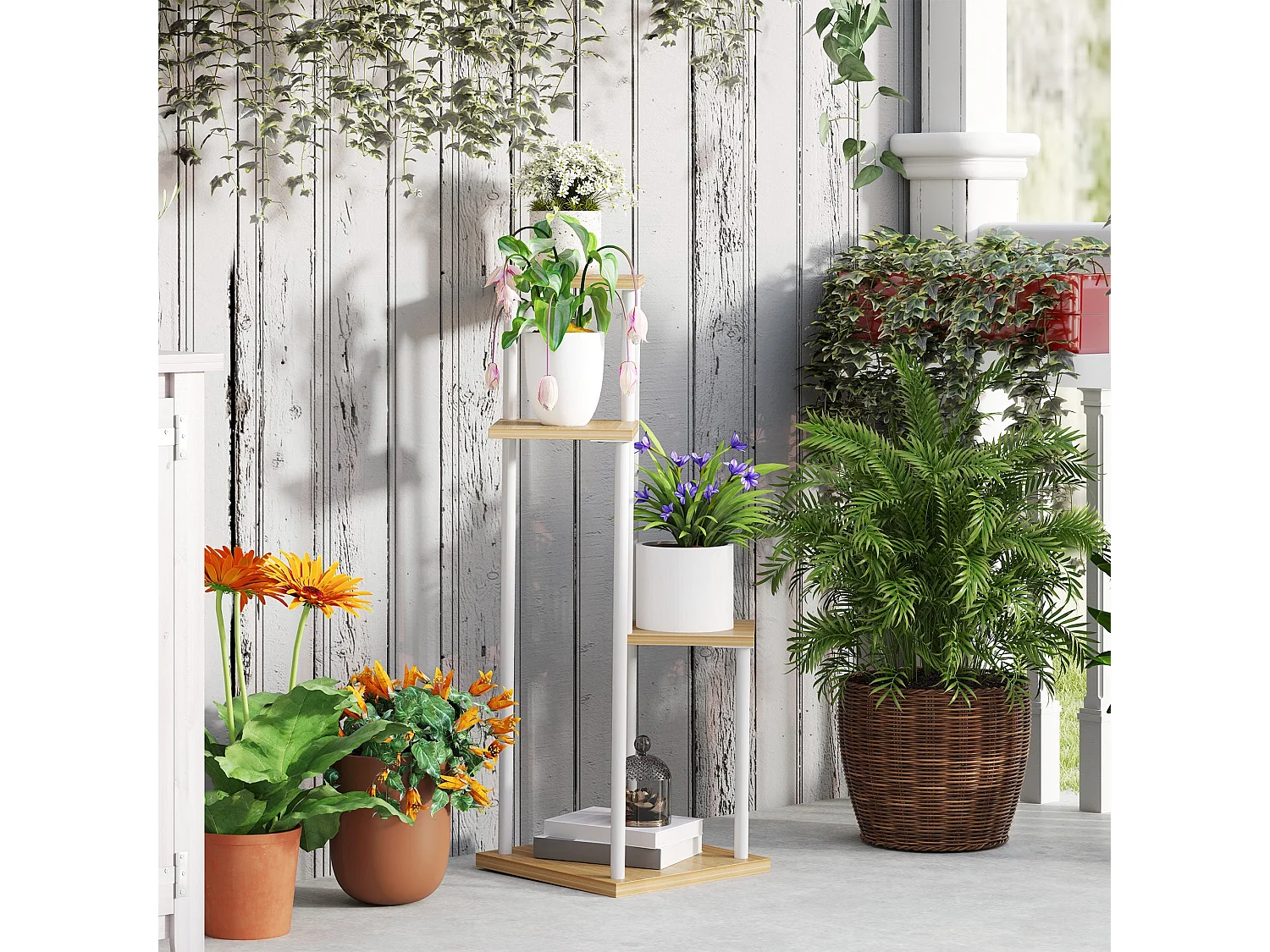 Suporte de Plantas de 4 Níveis em Madeira e Aço - Decoração Elegante para Interior e Exterior 53x42x85 cm