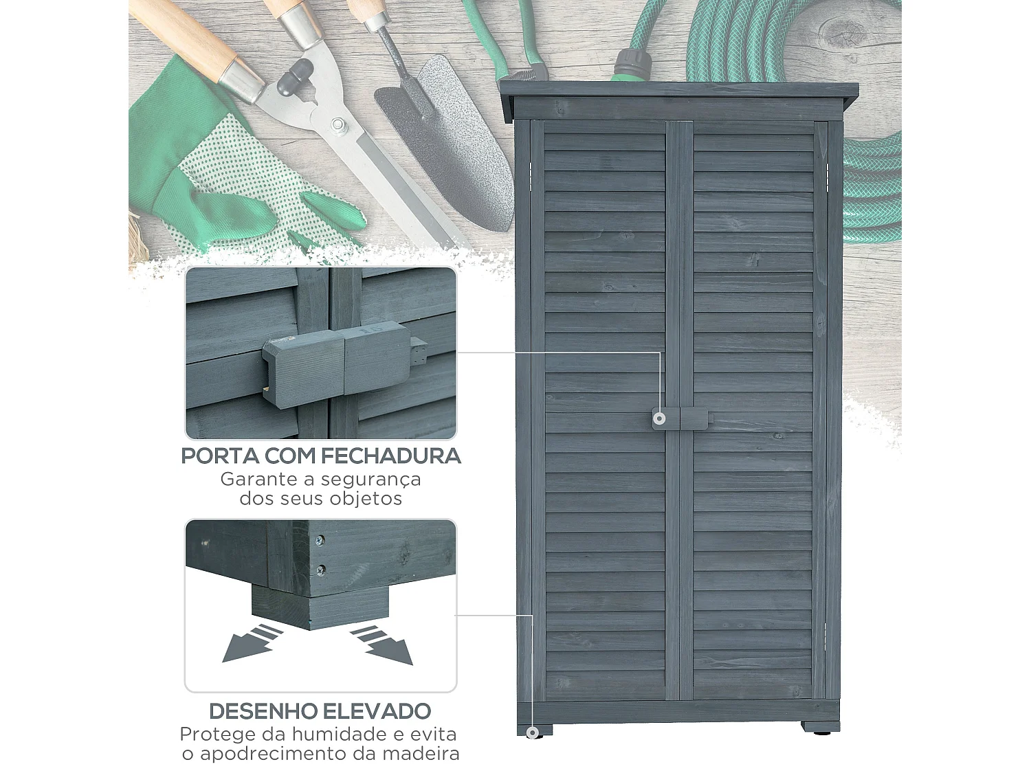 Armário de Jardim de Madeira Outsunny 87x46,5x160 cm com 2 Portas e 2 Prateleiras para Armazenamento Exterior