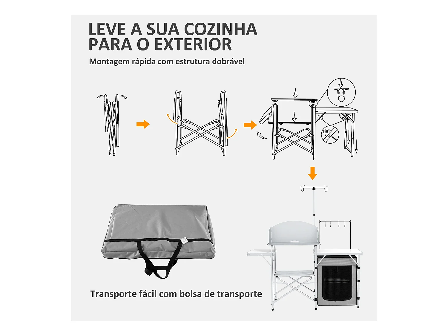 Móvel de Cozinha Dobrável para Campismo Outsunny com Armário, Mesas e Suporte de Luz - Prata e Cinza Claro
