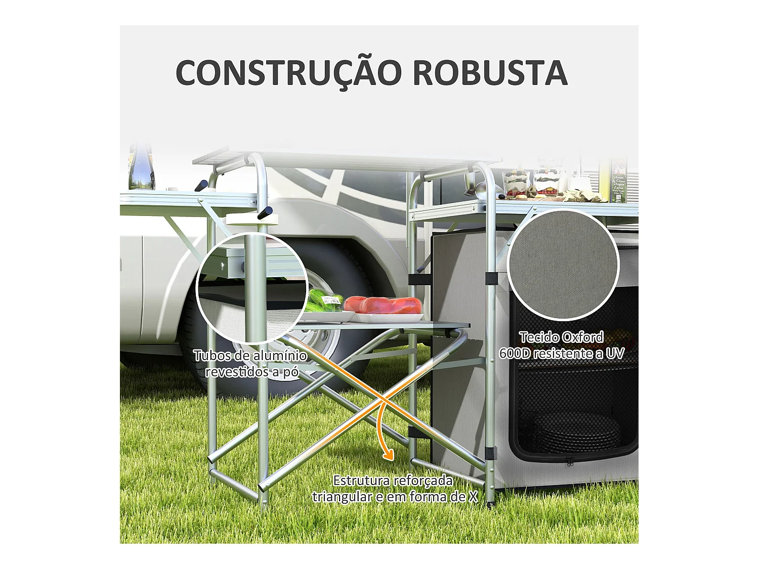 Móvel de Cozinha Dobrável para Campismo Outsunny com Armário, Mesas e Suporte de Luz - Prata e Cinza Claro