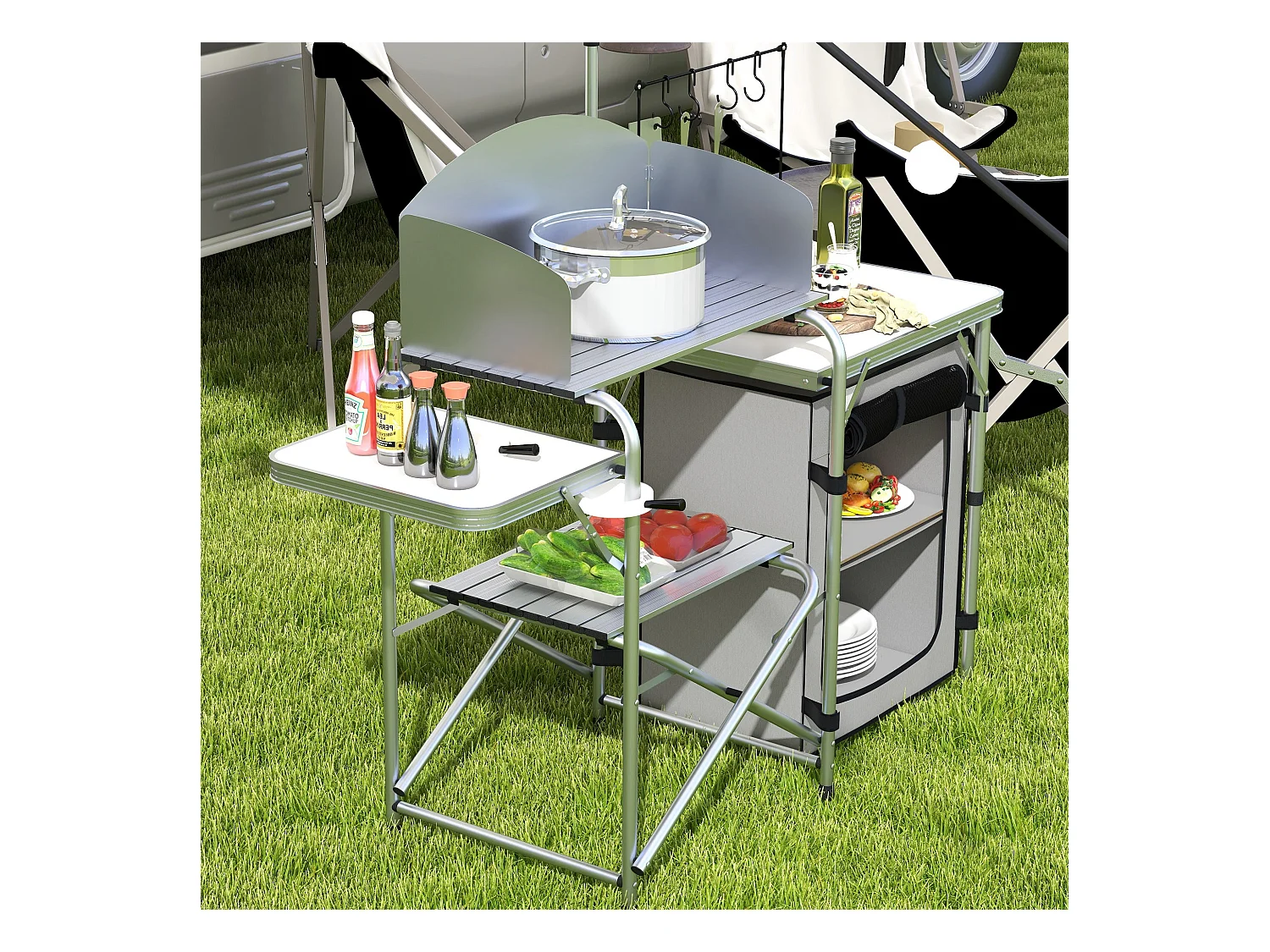 Móvel de Cozinha Dobrável para Campismo Outsunny com Armário, Mesas e Suporte de Luz - Prata e Cinza Claro