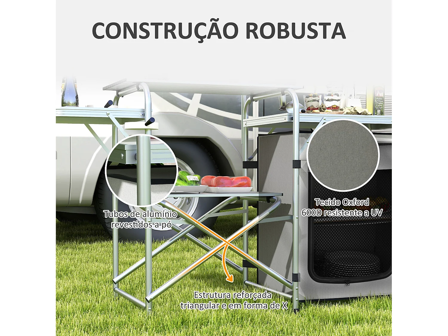 Móvel de Cozinha Dobrável para Campismo Outsunny com Armário, Mesas e Suporte de Luz - Prata e Cinza Claro