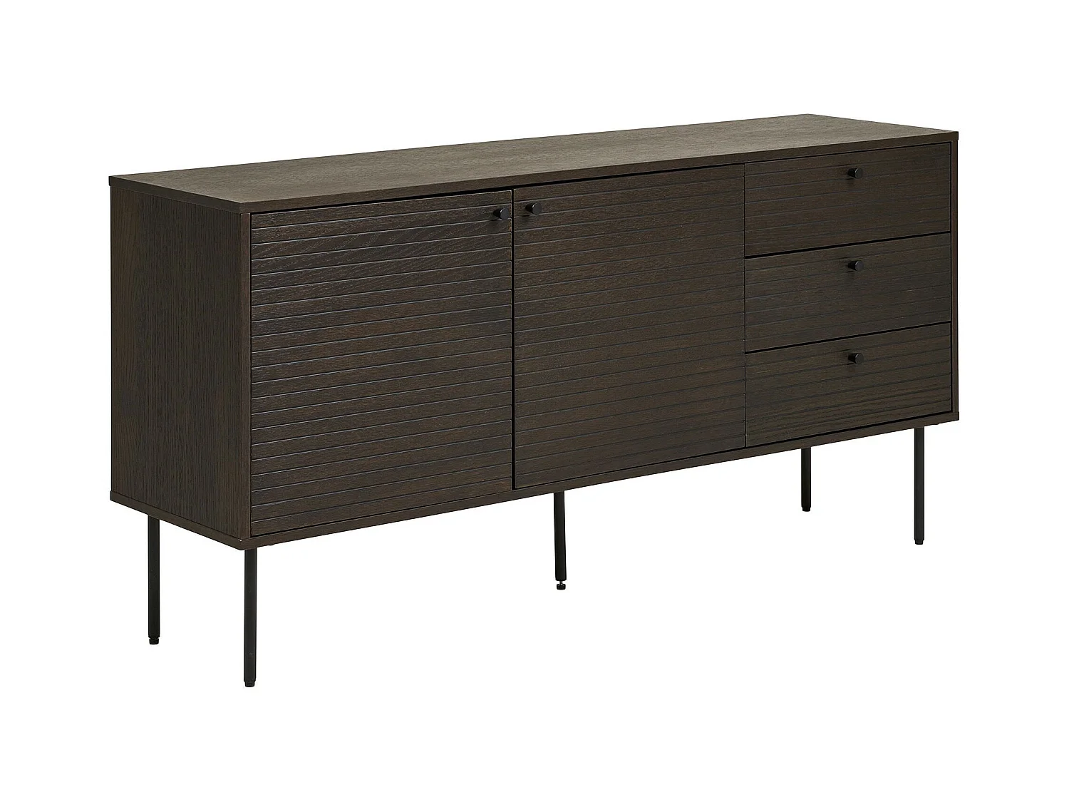 Aparador con 3 cajones y 2 puertas, chapa de roble ahumado, patas de metal negro, 150 x 40 x 74 cm