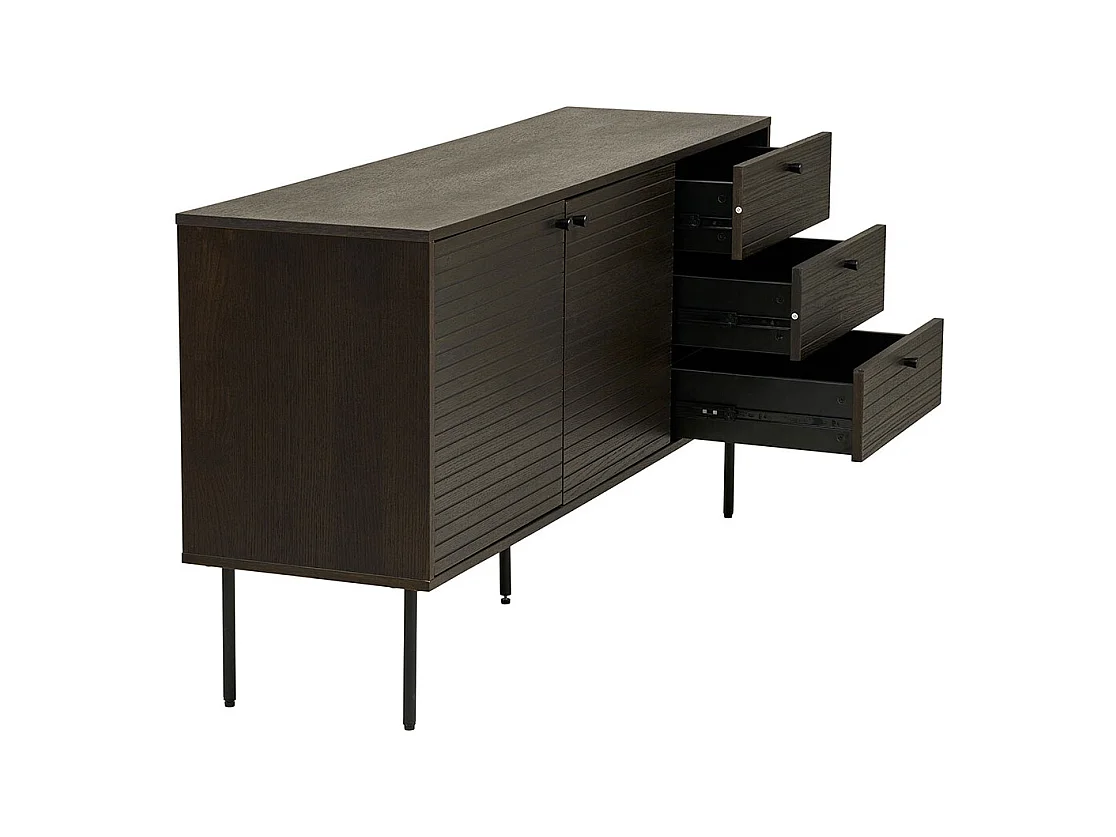 Aparador con 3 cajones y 2 puertas, chapa de roble ahumado, patas de metal negro, 150 x 40 x 74 cm