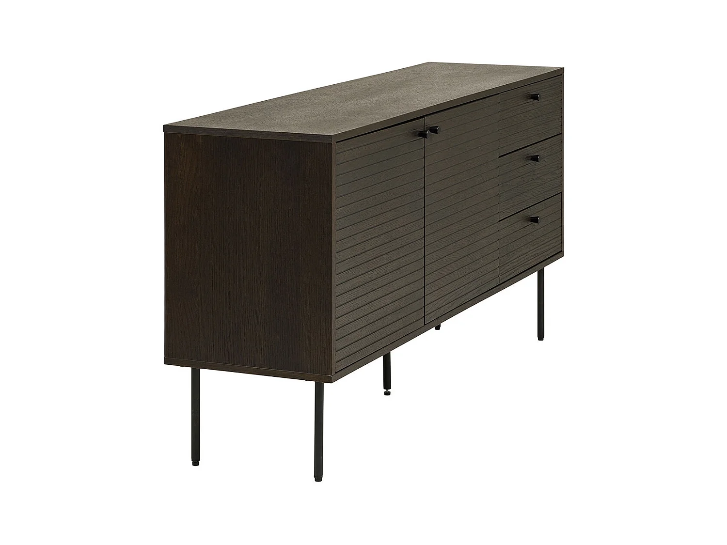 Aparador con 3 cajones y 2 puertas, chapa de roble ahumado, patas de metal negro, 150 x 40 x 74 cm