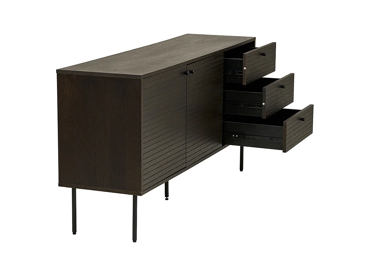 Aparador con 3 cajones y 2 puertas, chapa de roble ahumado, patas de metal negro, 150 x 40 x 74 cm