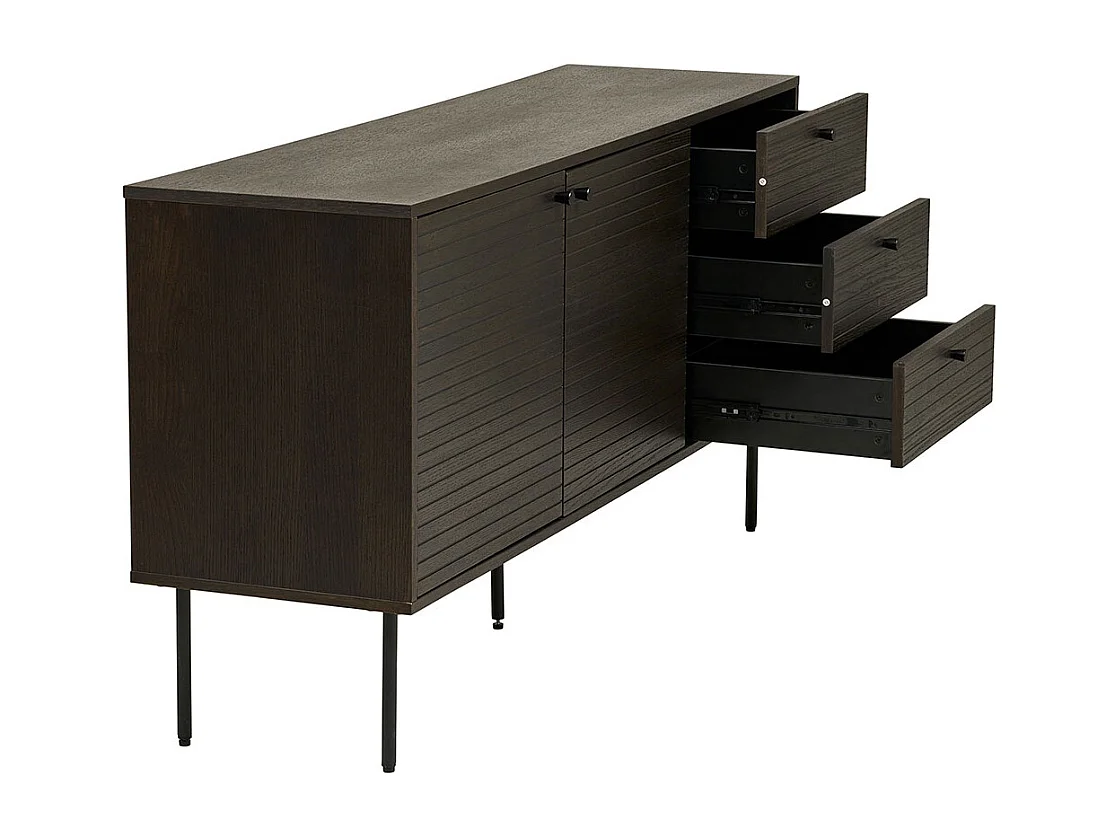 Aparador con 3 cajones y 2 puertas, chapa de roble ahumado, patas de metal negro, 150 x 40 x 74 cm