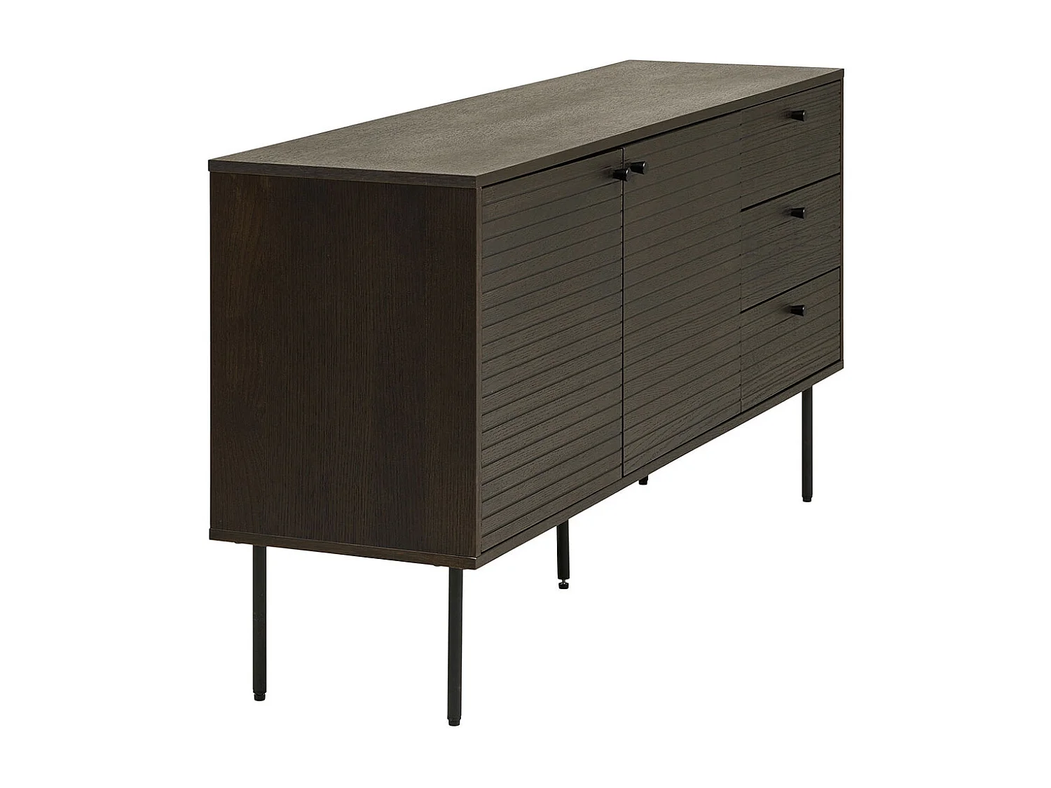 Aparador con 3 cajones y 2 puertas, chapa de roble ahumado, patas de metal negro, 150 x 40 x 74 cm