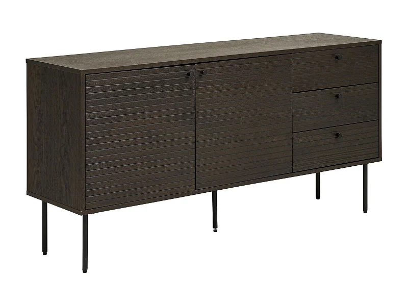 Buffet 3 tiroirs 2 portes placage chêne fumé pieds métal noir 150 x 40 x 74 cm