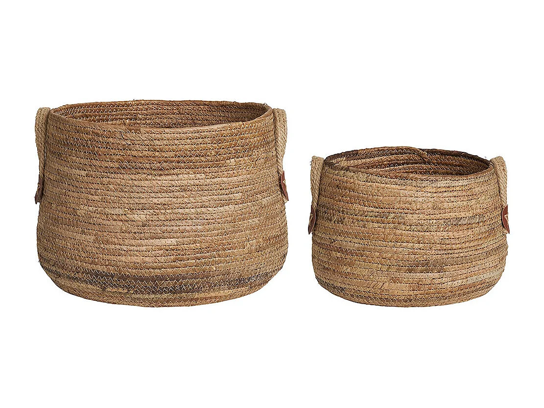Juego de 2 cestas de almacenaje AOSTA – Yute natural con asas de cuero