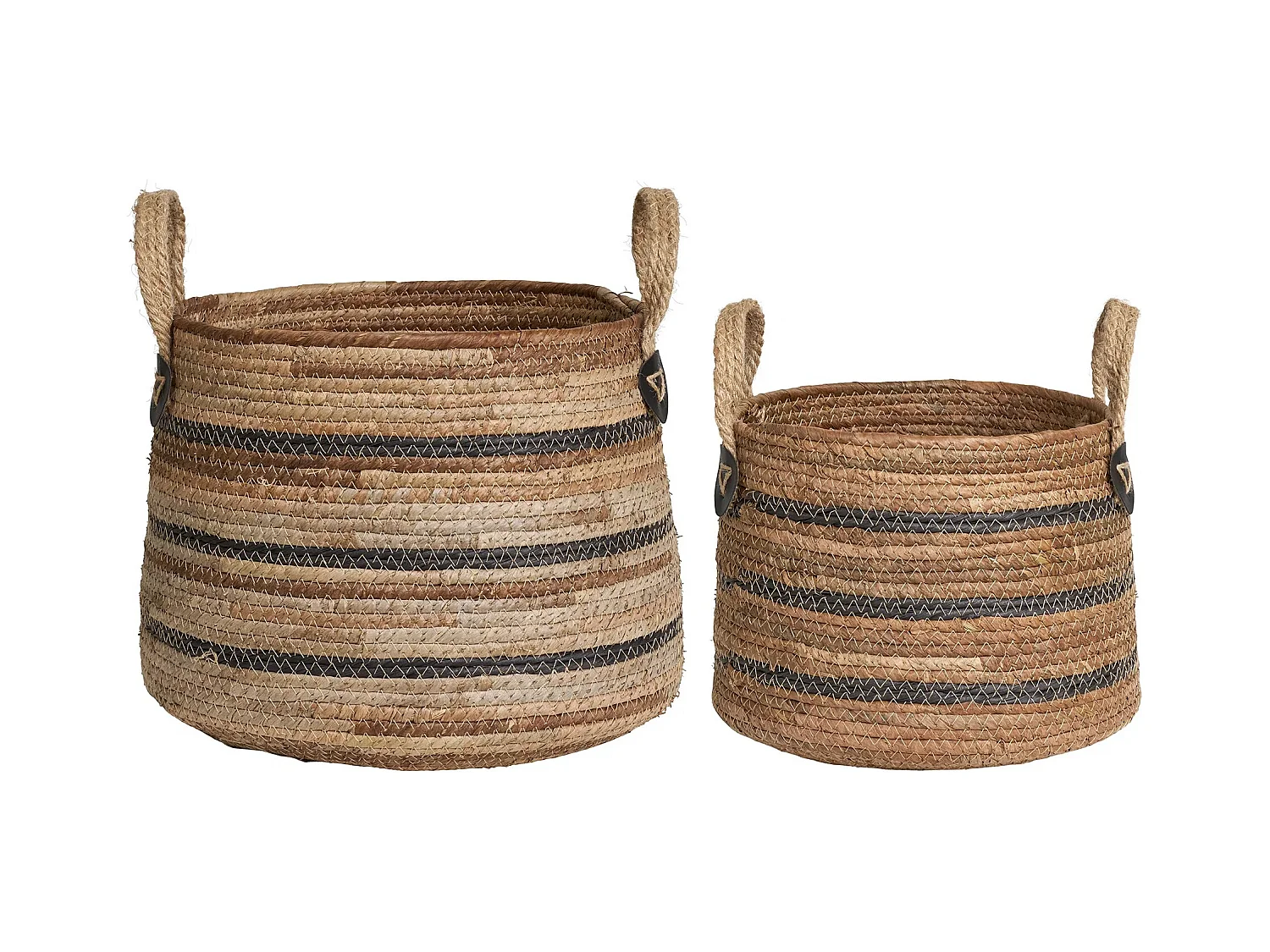 Lot de 2 paniers de rangement ERBA – Jute naturel avec rayures et poignées en cuir