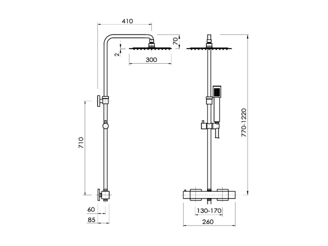 Thermostat-Duschsäule CUBO Glänzendes Chrom mit Thermostatmischer und 30 cm Duschkopf