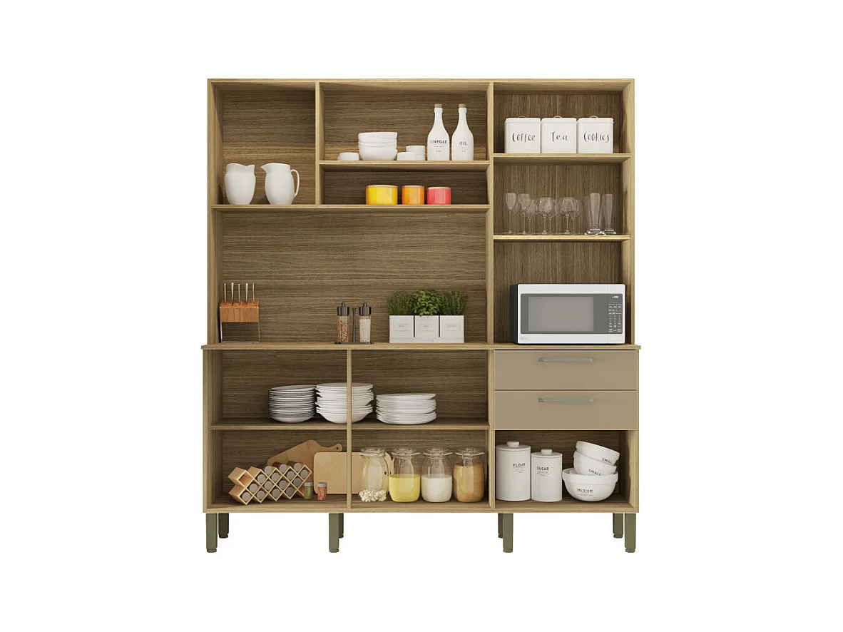 Buffet de Cuisine 6 Portes 2 Tiroirs Chêne et Taupe L 180.2 H 198 P 38.8 cm