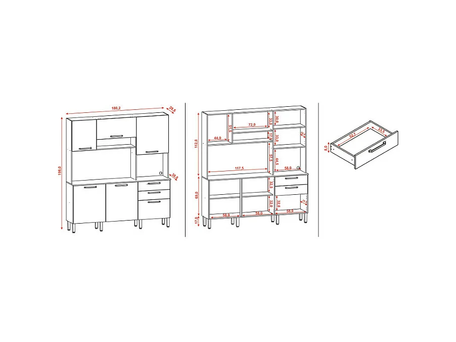 Buffet de Cuisine 6 Portes 2 Tiroirs Chêne et Taupe L 180.2 H 198 P 38.8 cm