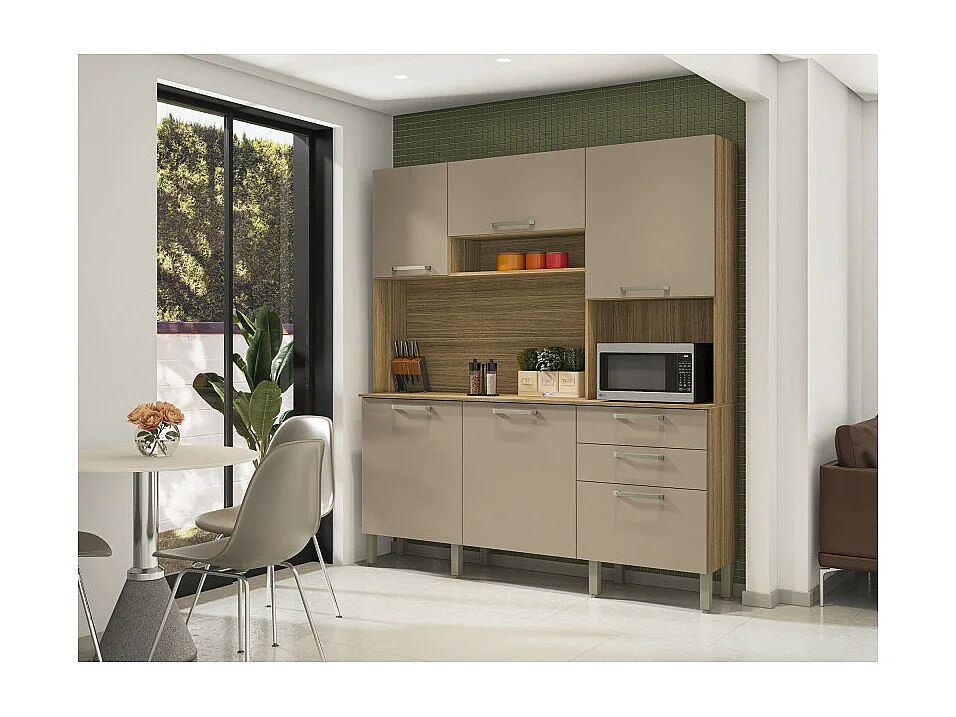 Buffet de Cuisine 6 Portes 2 Tiroirs Chêne et Taupe L 180.2 H 198 P 38.8 cm